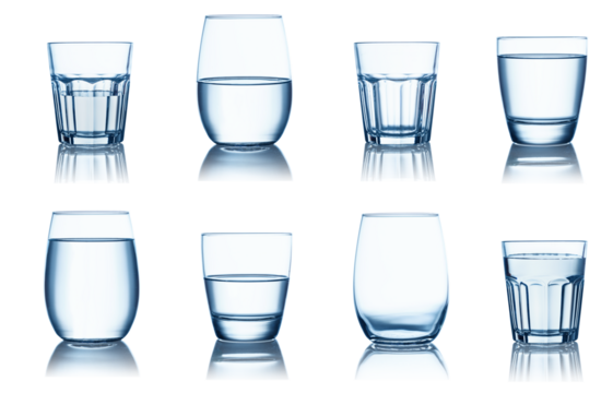 empty, half and full water glasses