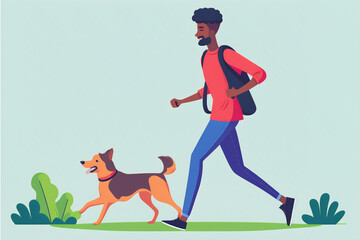 Blacking man running with dog in park. Flat vector illustration, generative art