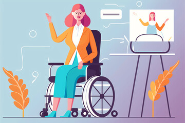 Redhead woman in wheelchair giving a lecture. Flat vector illustration, generative art concept