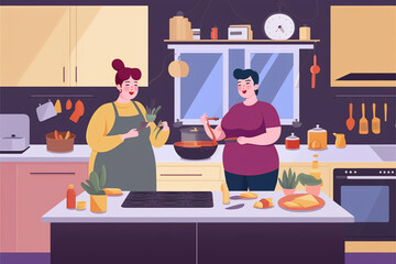 Fototapeta na wymiar Plus size lesbian couple cooking dinner in kitchen. Body positivity concept. Flat vector illustration, generative art