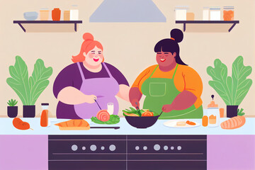 Plus size lesbian couple cooking lunch dinner in kitchen. Body positivity concept. Flat vector illustration, generative art