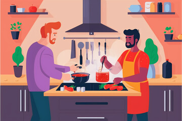 Interracial gay couple cooking dinner in their kitchen. Flat vector illustration, generative art