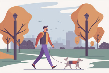 Man walking his dog in a park, trees in the background. Flat vector illustration, generative art