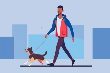 Black man walking his dog in the city. Flat vector illustration, generative art