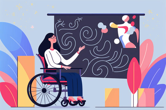 Woman In Wheelchair Giving Presentation. Flat Vector Illustration, Generative Art Concept