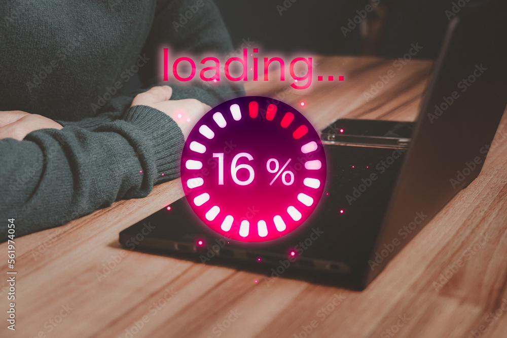 Poster Adult man using a laptop computer for download software and waiting to loading digital business data form website, concept of waiting for load of loading bar.