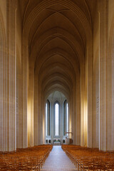 Diminishing perspective view at the nave atrium of Grundtvig Church, iconic expressionist protestant church. 