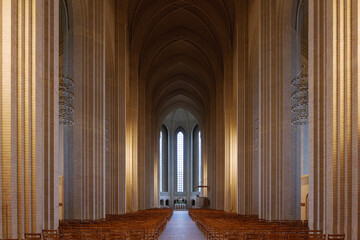 Diminishing perspective view at the nave atrium of Grundtvig Church, iconic expressionist...