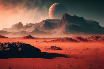 Mars the red planet landscape with desert and mountains, digital art style, generative ai