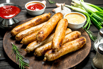Fragrant grilled sausages with sauces and herbs.