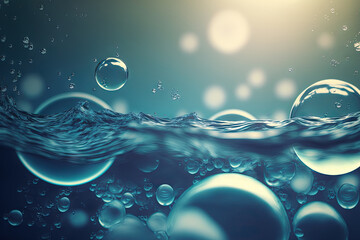 splashes and bubbles on a surface of serene, calm, translucent, blue tone. a modern, abstract background of nature. Water waves with copy space in the sun. Generative AI
