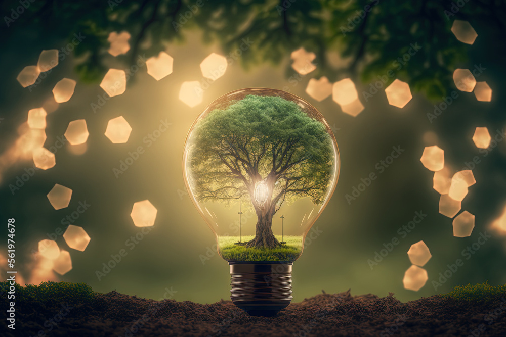 Aufkleber on a background of natural green bokeh, a tree is illuminated by a lightbulb. ecological notion of s