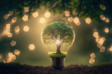 On a background of natural green bokeh, a tree is illuminated by a lightbulb. Ecological notion of saving the earth with green energy. Generative AI