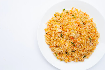 Fried rice in white plate on white background.