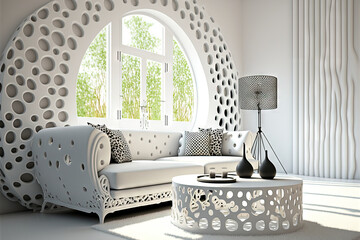 White living room with decorative openwork table and sofa. Generative AI