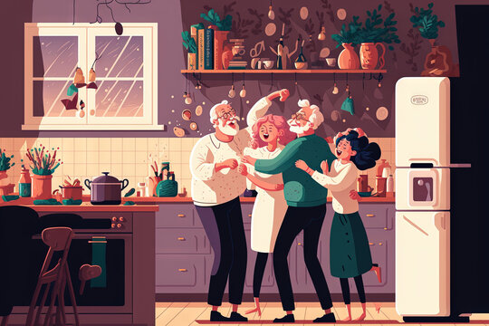 A joyful, mature, middle aged couple and their parents dance while preparing a romantic dinner and spending time together in the kitchen. older citizens who are active. Generative AI