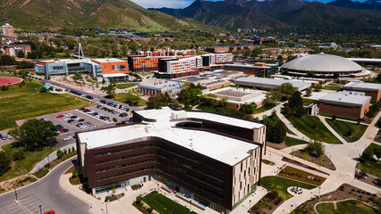 Fototapeta premium aerial drone shot of lassonde at the university of utah salt lake city