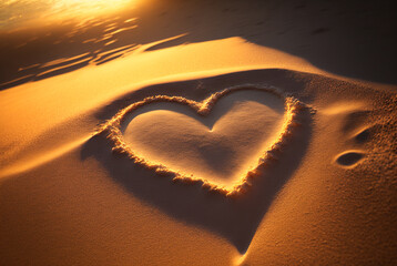 Fototapeta premium Valentines day on sunset beach. hearts drawn in sand,love concept. Generative Ai.