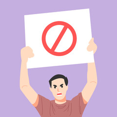man with angry expression holding white protest board. Prohibition sign. empty banner. demonstration concept. vector illustration flat style.