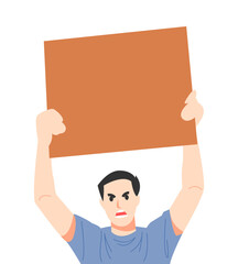 man with angry expression holding up cardboard, empty banner. protest sign. demonstration concept. vector illustration flat style.