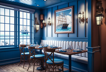 Nautical themed seafood restaurant interior. Generative AI