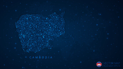 Fototapeta na wymiar Map of Cambodia modern design with polygonal shapes on dark blue background. Business wireframe mesh spheres from flying debris. Blue structure style vector illustration concept