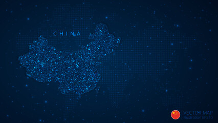 Fototapeta na wymiar Map of China modern design with polygonal shapes on dark blue background. Business wireframe mesh spheres from flying debris. Blue structure style vector illustration concept