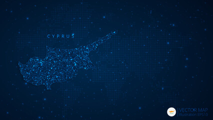Fototapeta na wymiar Map of Cyprus modern design with polygonal shapes on dark blue background. Business wireframe mesh spheres from flying debris. Blue structure style vector illustration concept
