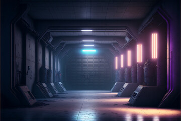 Obraz na płótnie Canvas Realistic Alien Sci Fi Futuristic Concrete Asphalt Warehouse, Generative ai