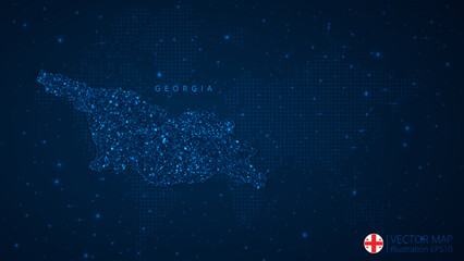 Fototapeta na wymiar Map of Georgia modern design with polygonal shapes on dark blue background. Business wireframe mesh spheres from flying debris. Blue structure style vector illustration concept