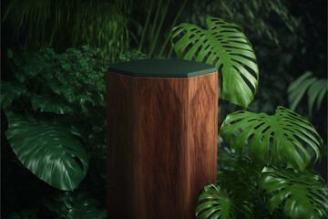 Wood pedestal in tropical forest for product presentation, Generative ai