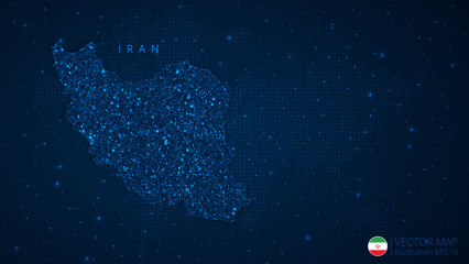 Fototapeta na wymiar Map of Iran modern design with polygonal shapes on dark blue background. Business wireframe mesh spheres from flying debris. Blue structure style vector illustration concept