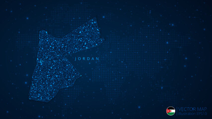 Fototapeta na wymiar Map of Jordan modern design with polygonal shapes on dark blue background. Business wireframe mesh spheres from flying debris. Blue structure style vector illustration concept