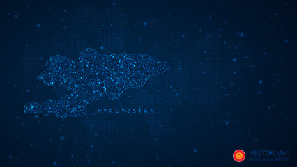 Fototapeta na wymiar Map of Kyrgyzstan modern design with polygonal shapes on dark blue background. Business wireframe mesh spheres from flying debris. Blue structure style vector illustration concept