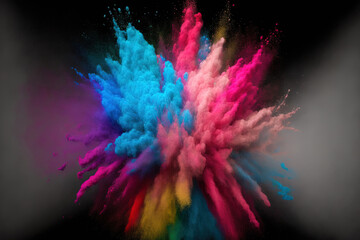 Freeze motion of color powder exploding throwing color powder on abstract black background. Generative AI