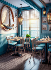 Nautical themed seafood restaurant interior, vertical, wood chairs, sailing ship. Generative AI