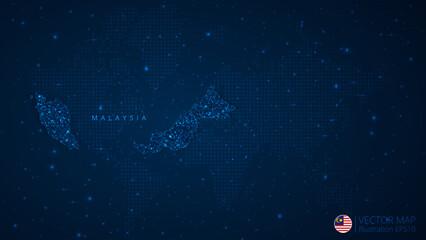 Fototapeta na wymiar Map of Malaysia modern design with polygonal shapes on dark blue background. Business wireframe mesh spheres from flying debris. Blue structure style vector illustration concept