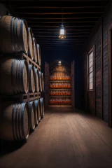 Fotobehang Alcohol barrel room interior, vertical, liquor bottles. Generative AI © Sunshower Shots