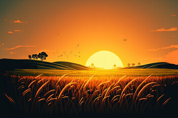 Grass on the field during sunrise. Agricultural landscape in the summer time. Generative AI