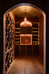 Wine cellar interior, vertical. Generative AI - obrazy, fototapety, plakaty