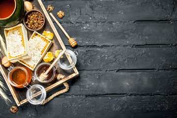 Different kinds of honey on wooden tray.