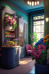Florist shop interior, vertical. Generative AI