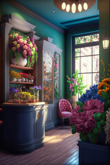 Fototapeta premium Florist shop interior, vertical. Generative AI