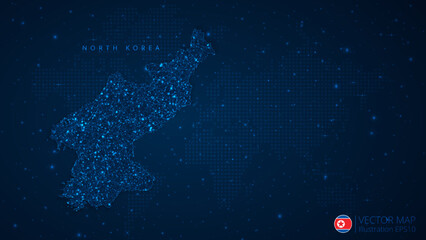 Fototapeta na wymiar Map of North Korea modern design with polygonal shapes on dark blue background. Business wireframe mesh spheres from flying debris. Blue structure style vector illustration concept