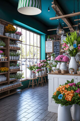Florist shop interior, vertical, bouquets in white vases. Generative AI