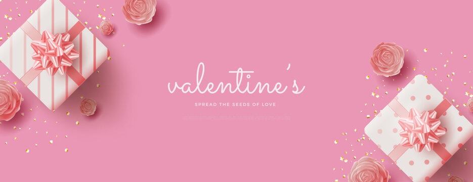 Valentines day background with roses and gift boxes vector realistic. Premium design for banner and social media post greeting.