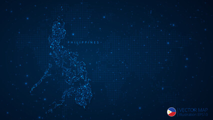 Fototapeta na wymiar Map of Philippines modern design with polygonal shapes on dark blue background. Business wireframe mesh spheres from flying debris. Blue structure style vector illustration concept