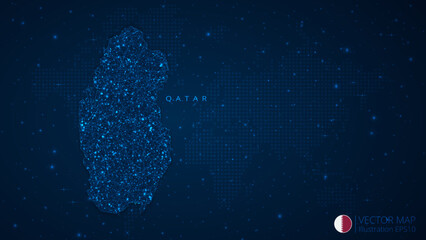 Fototapeta na wymiar Map of Qatar modern design with polygonal shapes on dark blue background. Business wireframe mesh spheres from flying debris. Blue structure style vector illustration concept