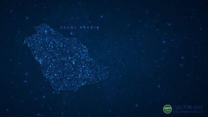 Fototapeta na wymiar Map of Saudi Arabia modern design with polygonal shapes on dark blue background. Business wireframe mesh spheres from flying debris. Blue structure style vector illustration concept