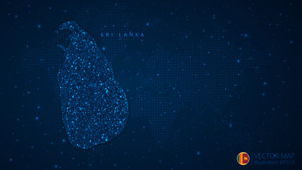 Fototapeta na wymiar Map of Sri Lanka modern design with polygonal shapes on dark blue background. Business wireframe mesh spheres from flying debris. Blue structure style vector illustration concept
